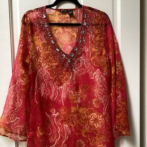 Raviya red jeweled tunic top, size large